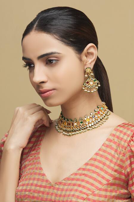 Zevar By Geeta_Multi Color Pearls, Diamonds, Stones Kundan Set_Online_at_Aza_Fashions