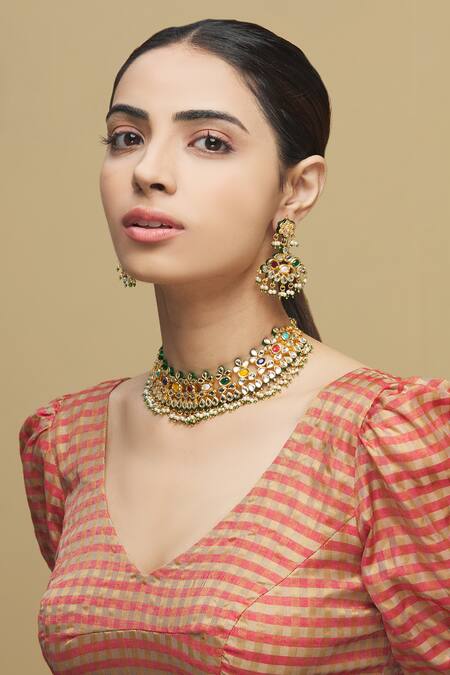 Buy_Zevar By Geeta_Multi Color Pearls, Diamonds, Stones Kundan Set_Online_at_Aza_Fashions