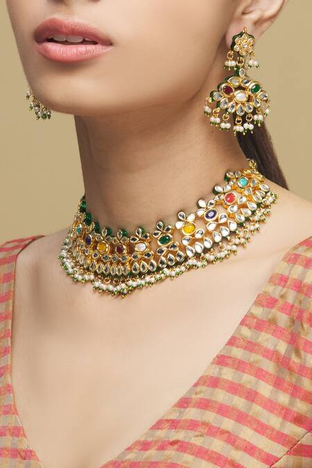Zevar By Geeta_Multi Color Pearls, Diamonds, Stones Kundan Set_at_Aza_Fashions