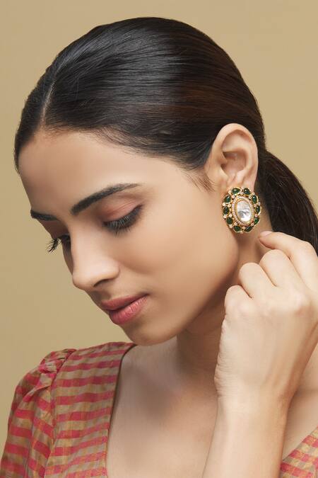 Zevar By Geeta_Gold Plated Diamonds, Stones, Zari Kundan Studs_Online_at_Aza_Fashions