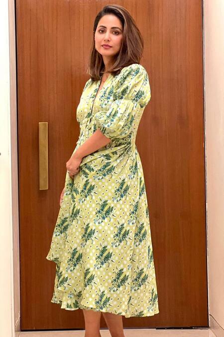 Shop_Ekastories_Green Cotton V-neck Geometric Print Dress_Online_at_Aza_Fashions