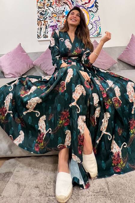 Ekastories Green Cotton V-neck Panther Print Overlay Dress at Aza Fashions Ekastories_Green Cotton V-neck Panther Print Overlay Dress_at_Aza_Fashions