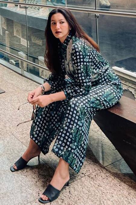 Shop Ekastories Black Cotton Split V-neck Lunar Print Twist Front Shirt And Pant Set Online at Aza Fashions Shop_Ekastories_Black Cotton Split V-neck Lunar Print Twist Front Shirt And Pant Set_Online_at_Aza_Fashions