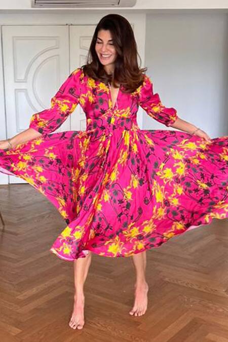 Shop_Ekastories_Pink Cotton V-neck Floral Print Midi Dress_Online_at_Aza_Fashions