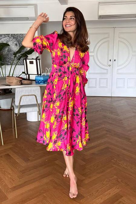 Ekastories_Pink Cotton V-neck Floral Print Midi Dress_at_Aza_Fashions