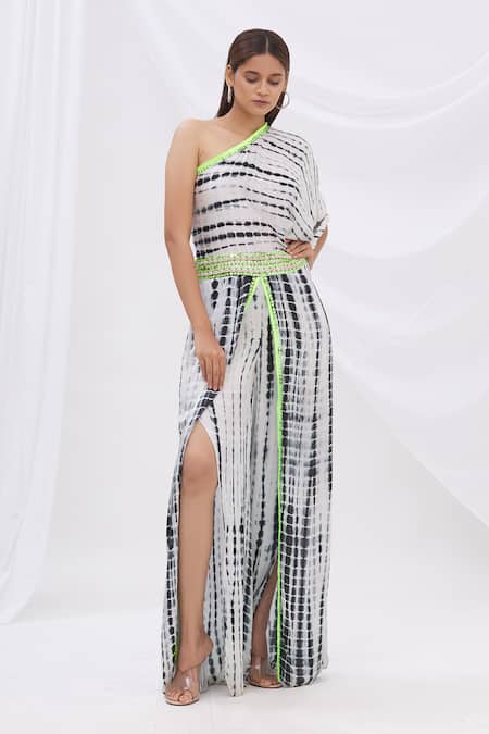 Surily G Black Satin Asymmetric Tie Dye One Shoulder Jumpsuit 