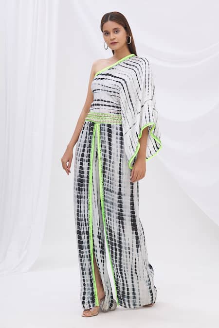 Surily G_Black Satin Asymmetric Tie Dye One Shoulder Jumpsuit_Online_at_Aza_Fashions