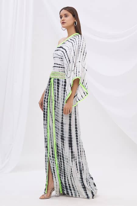 Buy_Surily G_Black Satin Asymmetric Tie Dye One Shoulder Jumpsuit_Online_at_Aza_Fashions