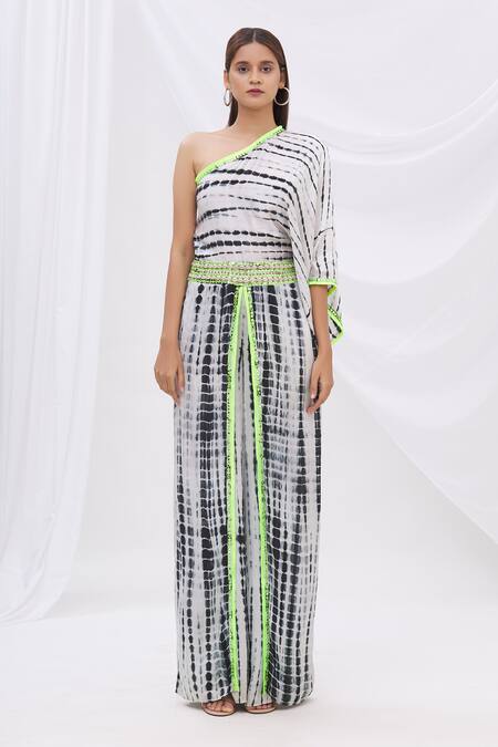 Shop_Surily G_Black Satin Asymmetric Tie Dye One Shoulder Jumpsuit_Online_at_Aza_Fashions