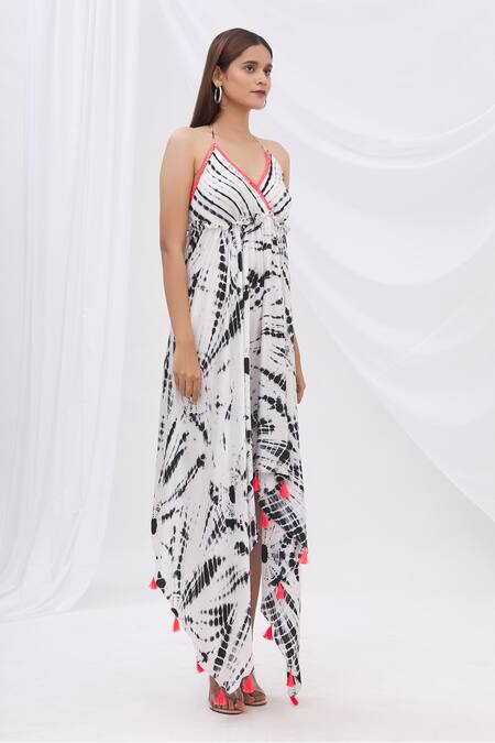 Surily G_Black Satin Halter Tie Dye Backless Dress _Online_at_Aza_Fashions