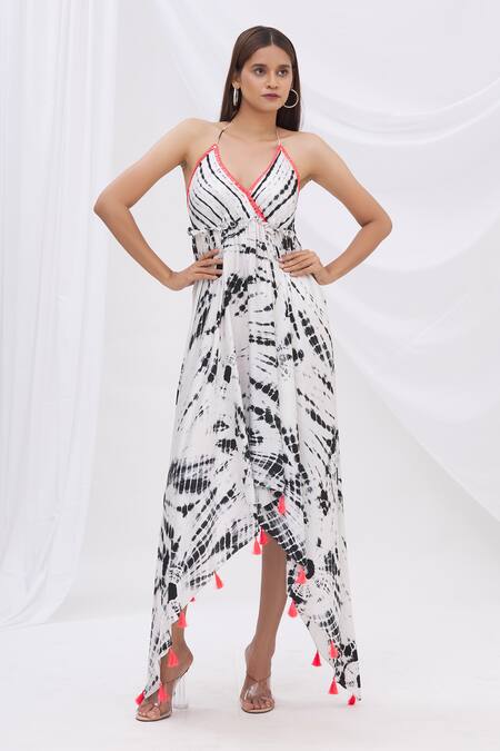 Buy_Surily G_Black Satin Halter Tie Dye Backless Dress _Online_at_Aza_Fashions