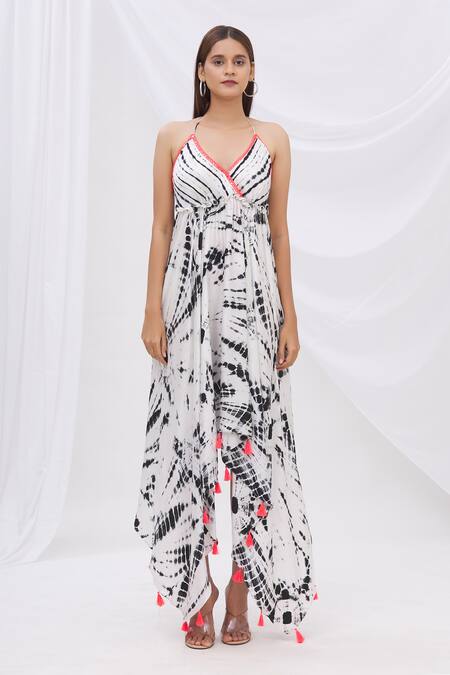 Shop_Surily G_Black Satin Halter Tie Dye Backless Dress _Online_at_Aza_Fashions