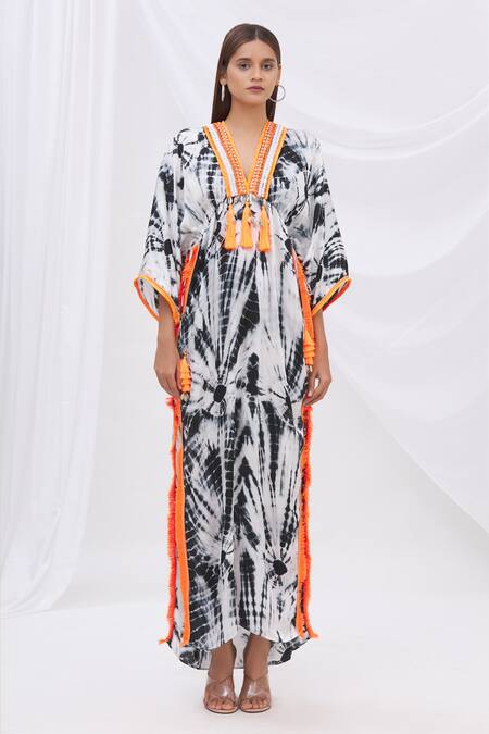 Buy_Surily G_Black Satin V Neck Tie Dye Kaftan_Online_at_Aza_Fashions