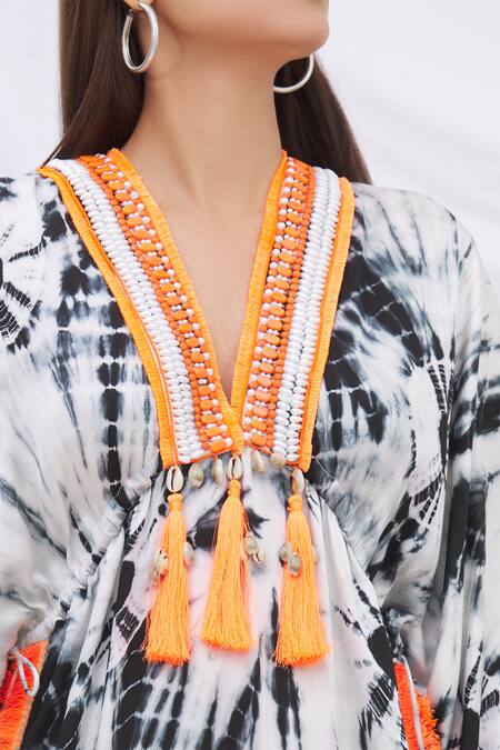 Surily G_Black Satin V Neck Tie Dye Kaftan_at_Aza_Fashions