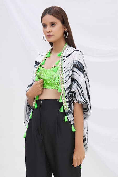 Shop_Surily G_Black Satin Tie Dye Cape Jacket_Online_at_Aza_Fashions