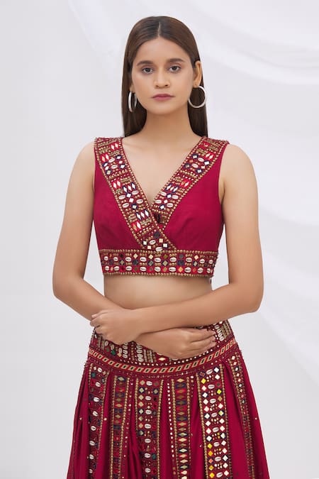 Surily G_Maroon Munga Silk V Neck Embroidered Crop Top_Online_at_Aza_Fashions