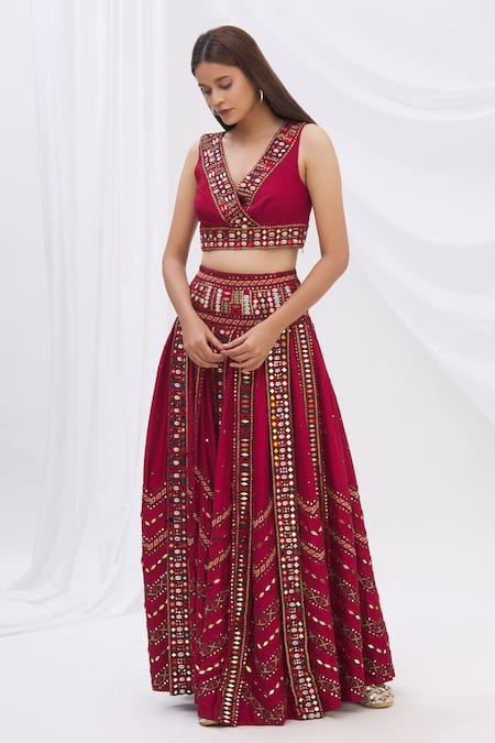 Buy_Surily G_Maroon Munga Silk V Neck Embroidered Crop Top_Online_at_Aza_Fashions