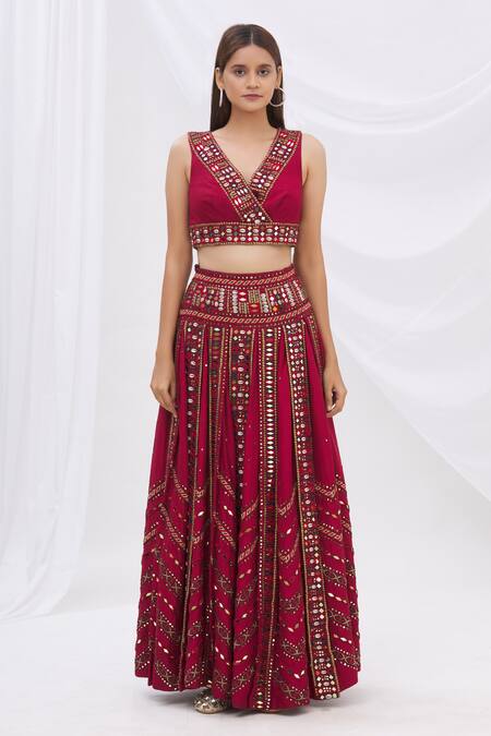 Shop_Surily G_Maroon Munga Silk V Neck Embroidered Crop Top_Online_at_Aza_Fashions