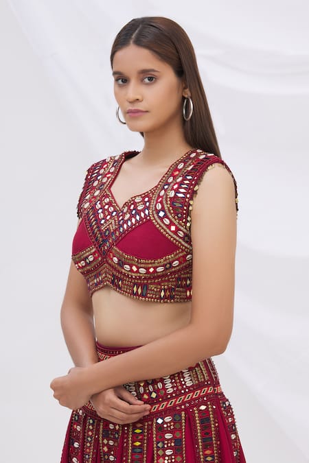 Surily G_Maroon Munga Silk Round Embroidered Crop Top_Online_at_Aza_Fashions