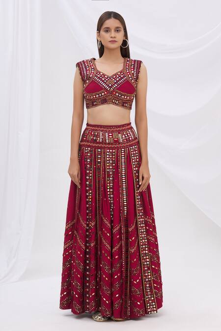 Buy_Surily G_Maroon Munga Silk Round Embroidered Crop Top_Online_at_Aza_Fashions