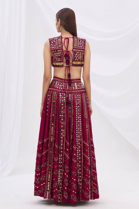 Buy_Surily G_Maroon Munga Silk V Neck Embroidered Crop Top_Online_at_Aza_Fashions