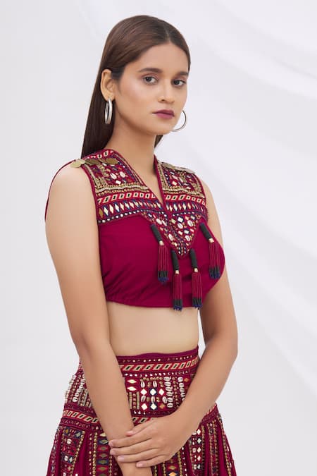 Shop_Surily G_Maroon Munga Silk V Neck Embroidered Crop Top_Online_at_Aza_Fashions