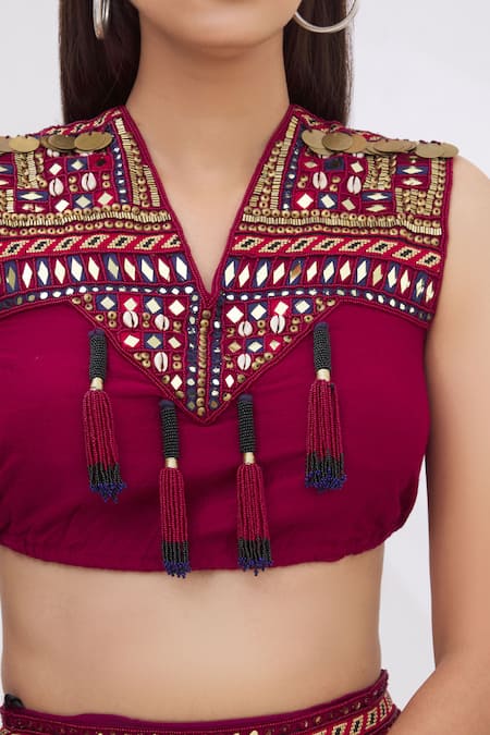 Surily G_Maroon Munga Silk V Neck Embroidered Crop Top_at_Aza_Fashions