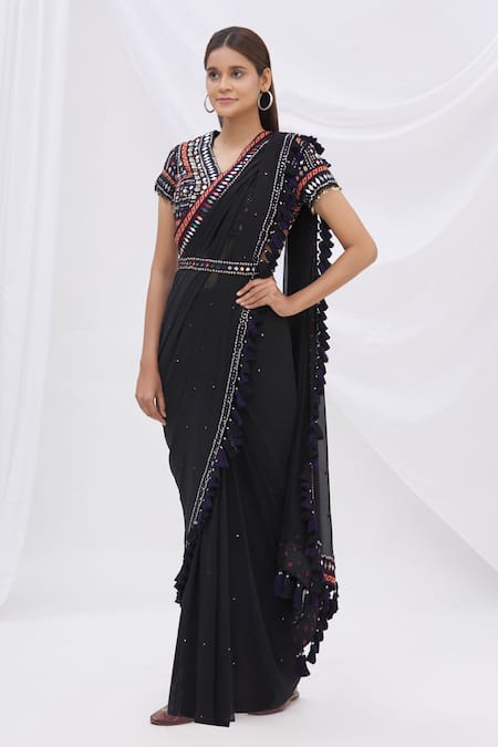 Buy_Surily G_Black Georgette Pre-draped Tassel Saree _Online_at_Aza_Fashions