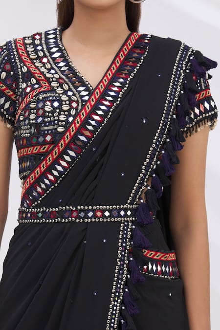 Surily G_Black Georgette Pre-draped Tassel Saree _at_Aza_Fashions