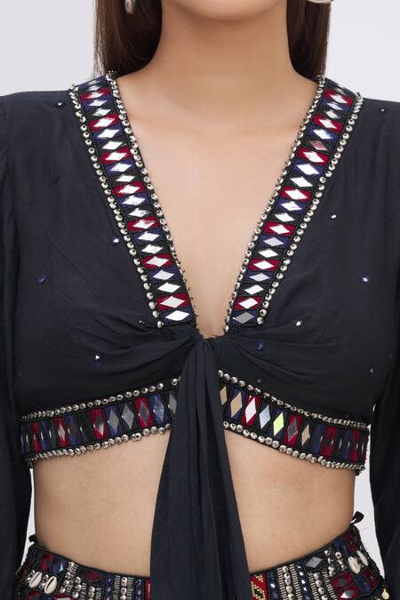 Surily G_Black Munga Silk V Neck Tie-up Crop Top_at_Aza_Fashions