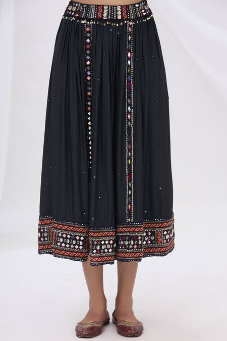 Surily G_Black Munga Silk Flared Midi Skirt_Online_at_Aza_Fashions