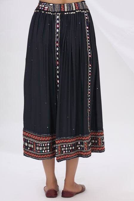 Buy_Surily G_Black Munga Silk Flared Midi Skirt_Online_at_Aza_Fashions