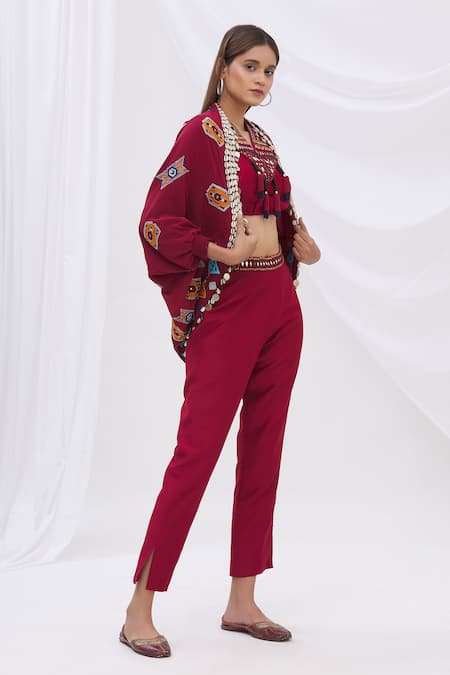 Surily G_Maroon Crepe Embroidered Cape Jacket_Online_at_Aza_Fashions