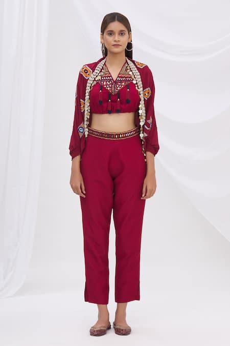 Buy_Surily G_Maroon Crepe Embroidered Cape Jacket_Online_at_Aza_Fashions