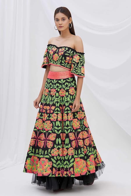 Shop_Surily G_Black Dupion Silk Embroidered Layered Lehenga _at_Aza_Fashions