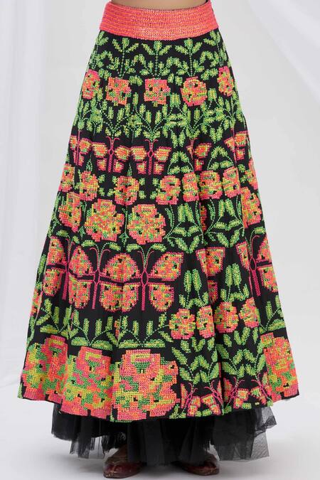 Surily G_Black Dupion Silk Embroidered Layered Lehenga _Online_at_Aza_Fashions