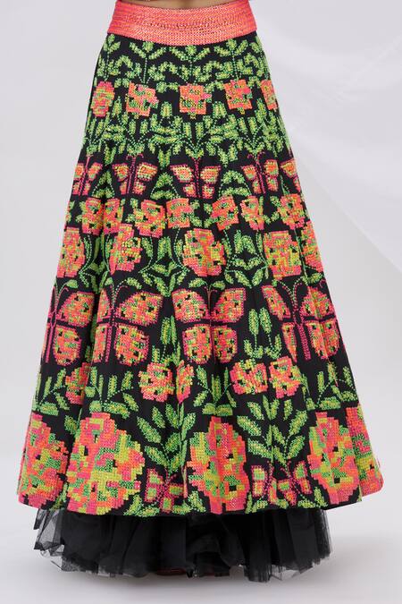 Buy_Surily G_Black Dupion Silk Embroidered Layered Lehenga _Online_at_Aza_Fashions