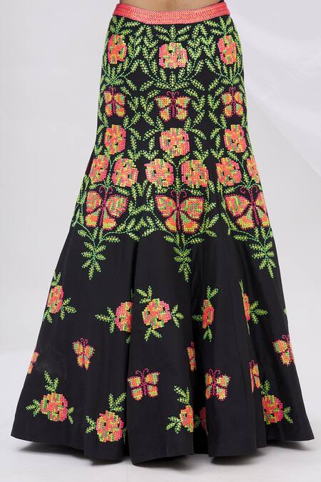 Surily G_Black Dupion Silk Fish-cut Panelled Lehenga_Online_at_Aza_Fashions