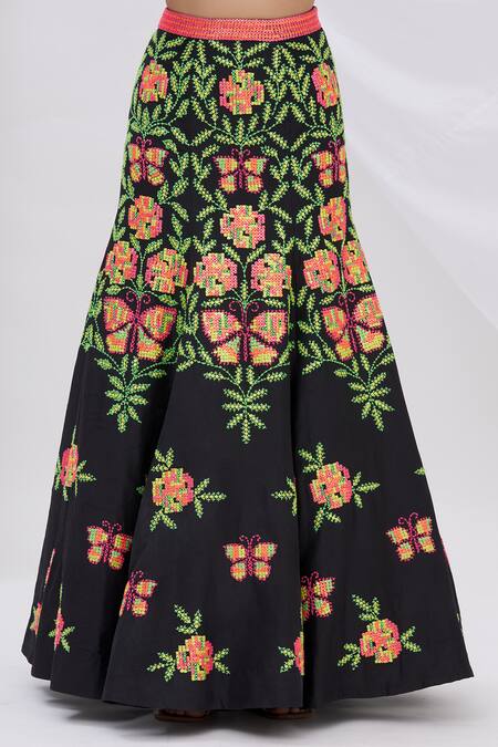 Buy_Surily G_Black Dupion Silk Fish-cut Panelled Lehenga_Online_at_Aza_Fashions