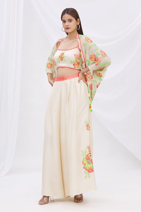 Shop_Surily G_White Georgette Embroidered Cape Jacket_Online_at_Aza_Fashions