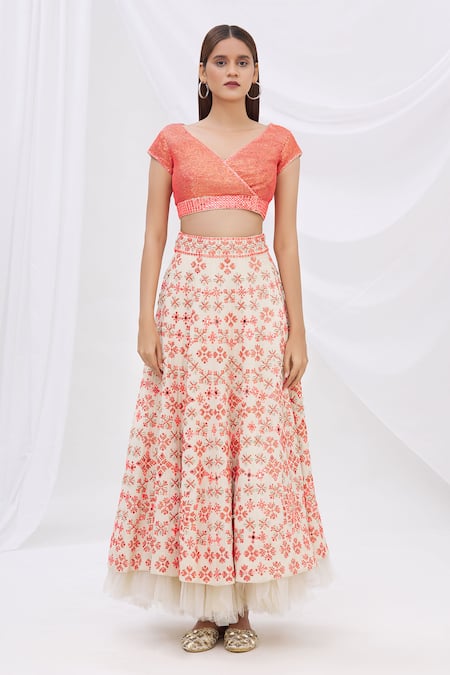 Surily G_Beige Crepe V Neck Sequin Embellished Crop Top_Online_at_Aza_Fashions