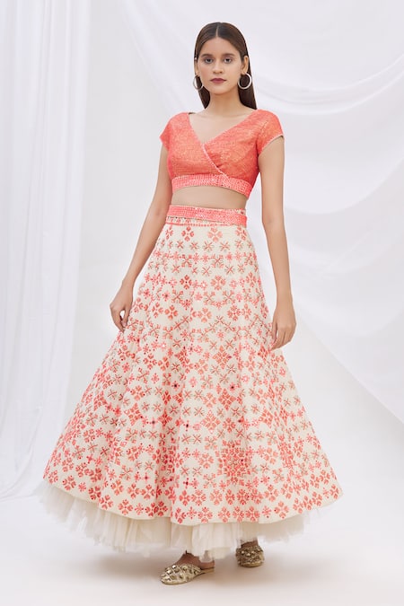 Buy_Surily G_Beige Crepe V Neck Sequin Embellished Crop Top_Online_at_Aza_Fashions