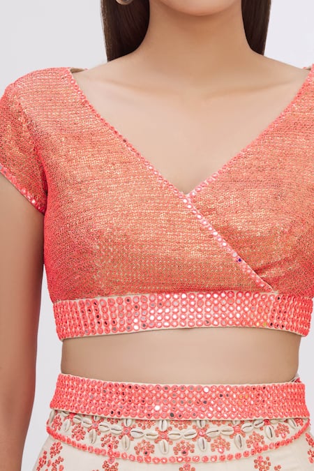 Surily G_Beige Crepe V Neck Sequin Embellished Crop Top_at_Aza_Fashions