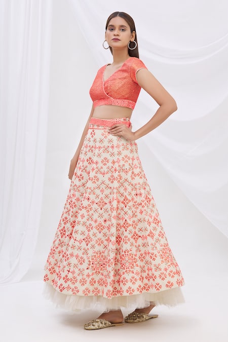 Surily G_Beige Crepe, Georgette Embroidered Layered Lehenga_Online_at_Aza_Fashions