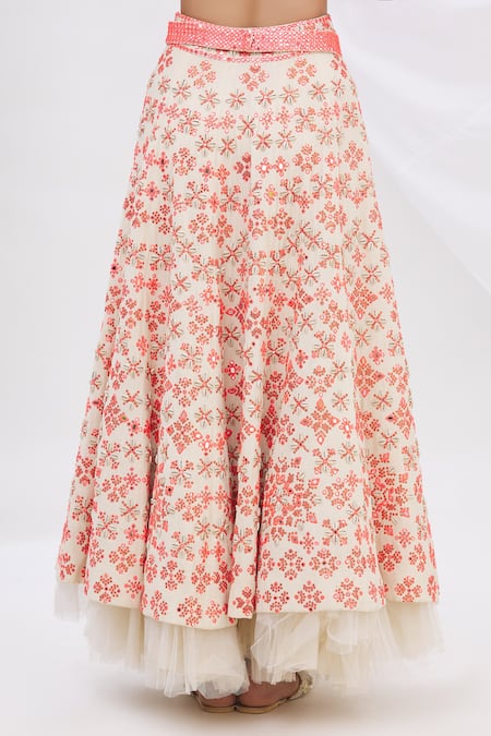 Shop_Surily G_Beige Crepe, Georgette Embroidered Layered Lehenga_Online_at_Aza_Fashions