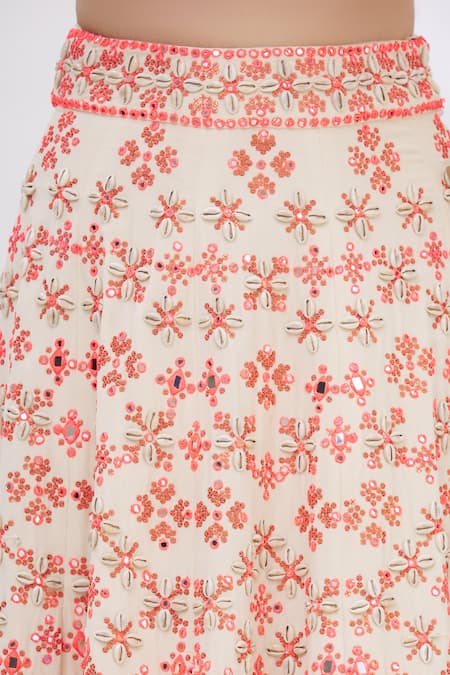 Surily G_Beige Crepe, Georgette Embroidered Layered Lehenga_at_Aza_Fashions