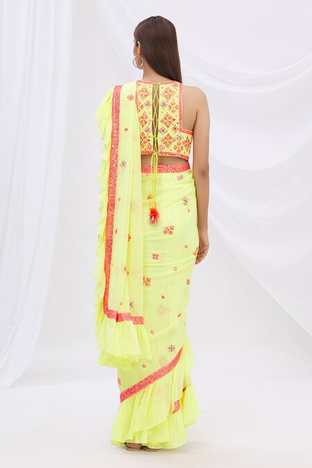 Shop_Surily G_Yellow Crepe, Georgette Embroidered Ruffle Saree _at_Aza_Fashions