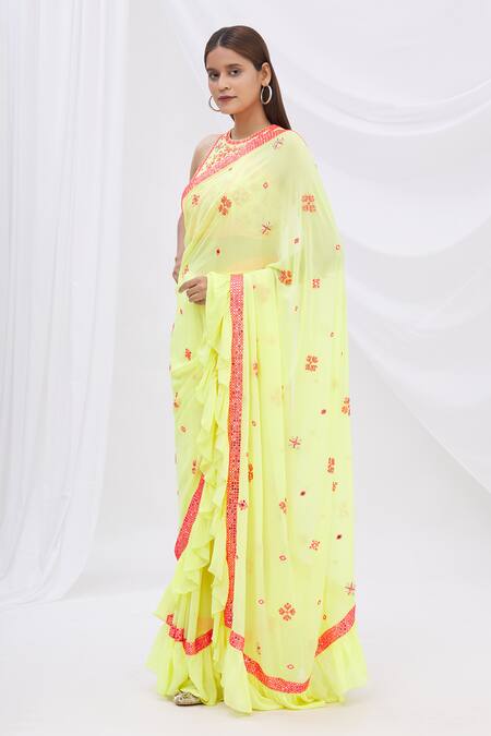 Surily G_Yellow Crepe, Georgette Embroidered Ruffle Saree _Online_at_Aza_Fashions