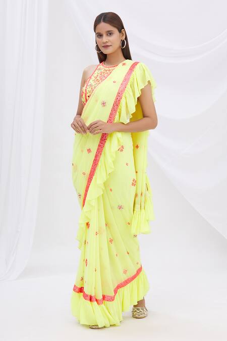 Buy_Surily G_Yellow Crepe, Georgette Embroidered Ruffle Saree _Online_at_Aza_Fashions