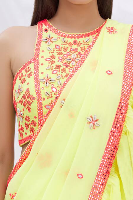 Surily G_Yellow Crepe, Georgette Embroidered Ruffle Saree _at_Aza_Fashions